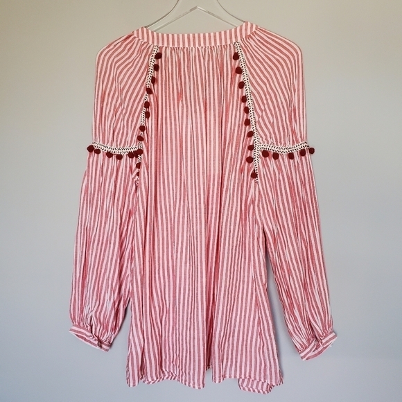 Zara Boho Tunic Dress Womens Medium Red White Stripe Pom Pom Tassel Long Sleeve - Picture 4 of 9